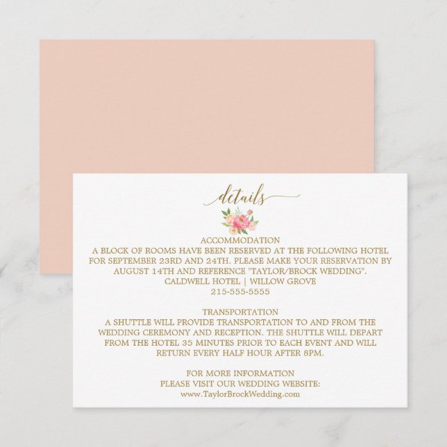 Peach and Pink Peony Flowers Wedding Details Card (Front/Back)