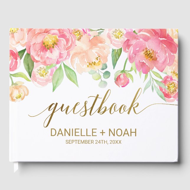Peach and Pink Peony Flowers Wedding Guest Book (Front)