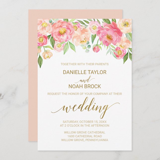 Peach and Pink Peony Flowers Wedding Invitation (Front/Back)