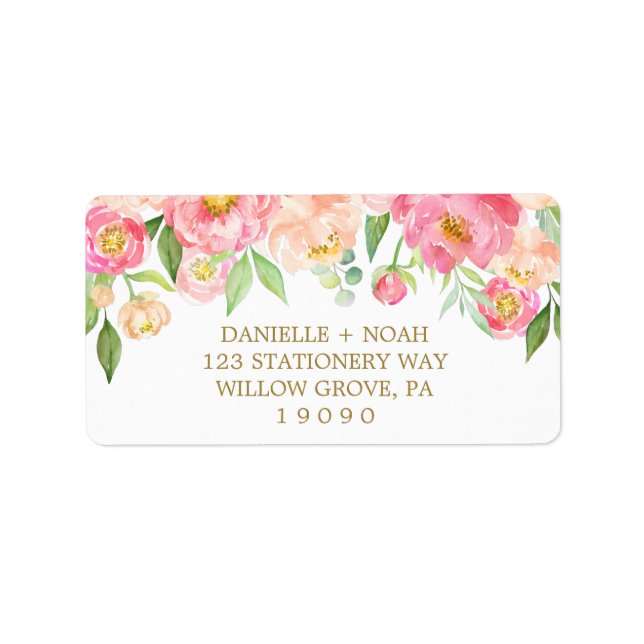 Peach and Pink Peony Flowers Wedding Label (Front)