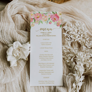 Peach and Pink Peony Flowers Wedding Menu Card