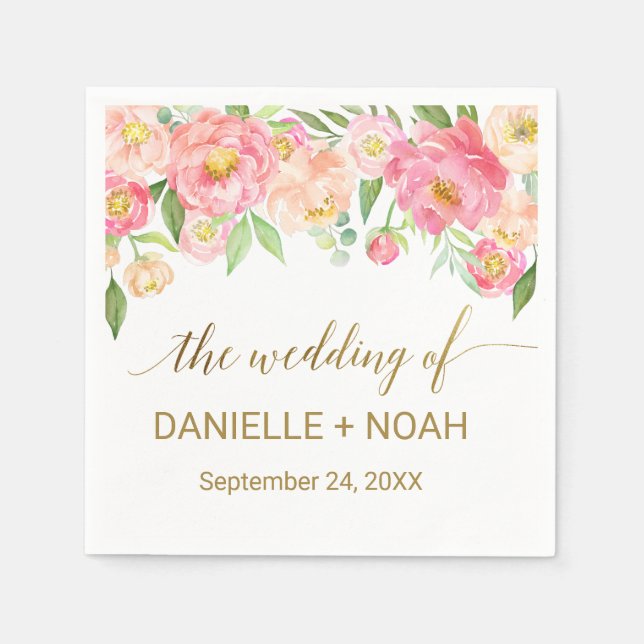 Peach and Pink Peony Flowers Wedding Napkin (Front)