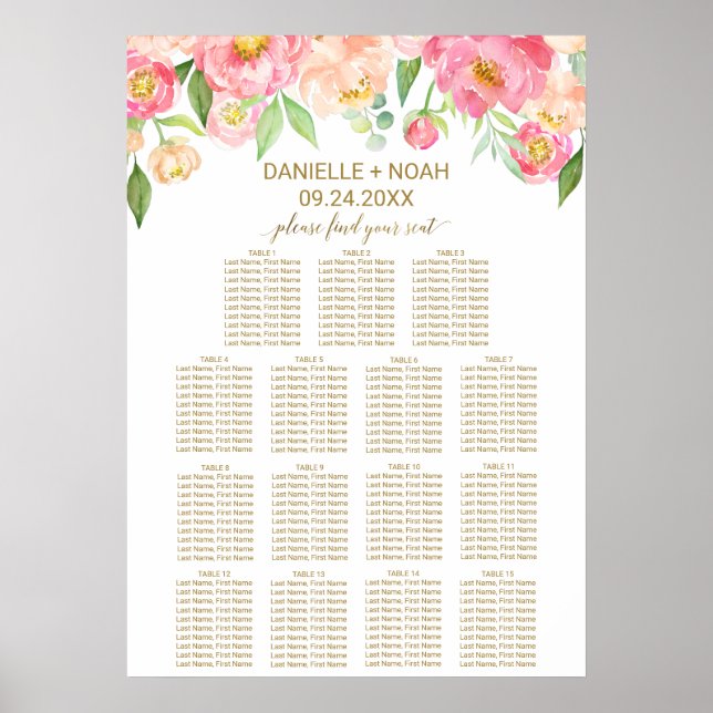 Peach and Pink Peony Flowers Wedding Seating Chart (Front)