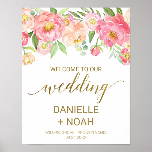 Peach and Pink Peony Flowers Wedding Welcome Poster (Front)
