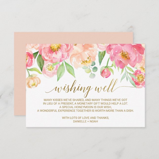 Peach and Pink Peony Flowers Wedding Wishing Well Enclosure Card (Front/Back)