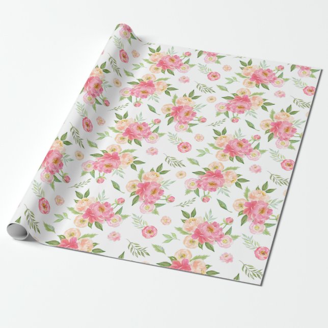 Peach and Pink Peony Flowers Wrapping Paper (Unrolled)