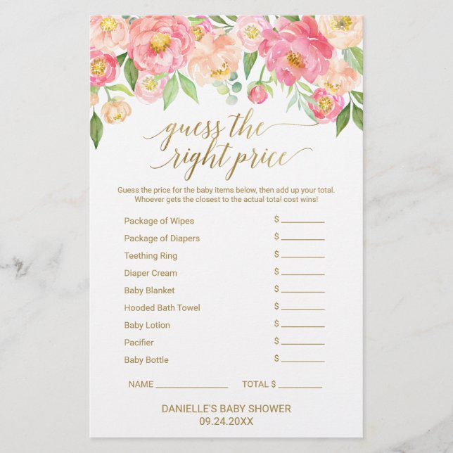 Peach and Pink Peony Guess The Right Price Game (Front)