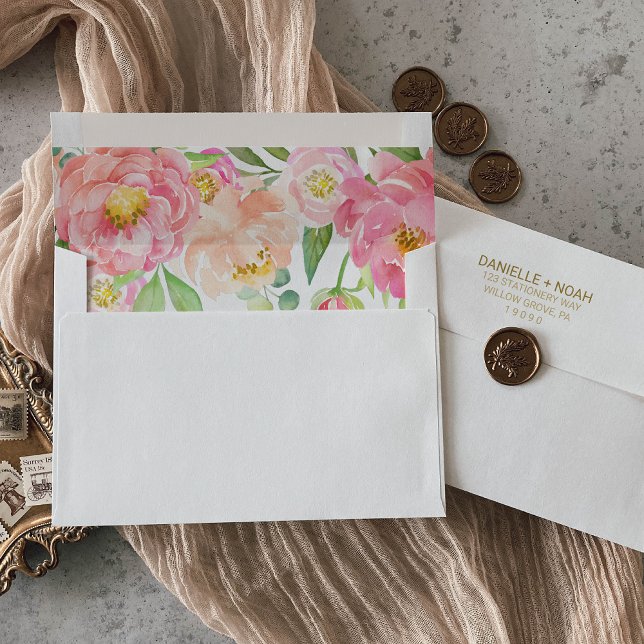 Peach and Pink Peony Lined Wedding Invitation Envelopes (Creator Uploaded)