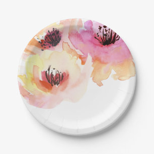 Peach and Pink Watercolor Floral Paper Plate