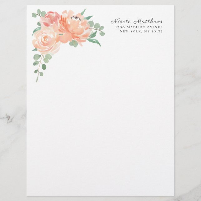 Peach and Pink Watercolor Floral Personalised Personalized Letterhead (Front)