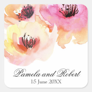 Peach and Pink Watercolor Floral Wedding Square Sticker