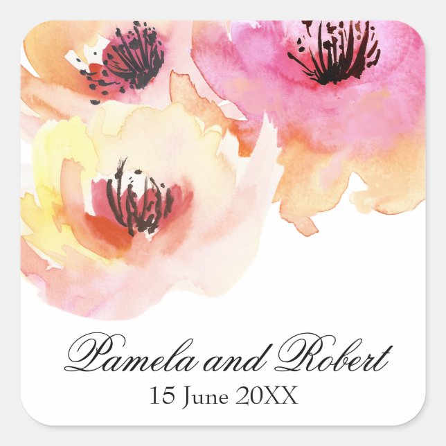 Peach and Pink Watercolor Floral Wedding Square Sticker (Front)