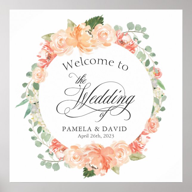 Peach and Pink Watercolor Floral Welcome Sign (Front)