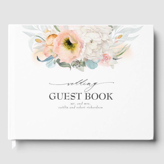Peach and Pink Watercolor Flowers Wedding Guest Book (Front)
