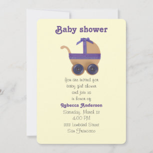 Peach and purple baby carriage for baby shower invitation