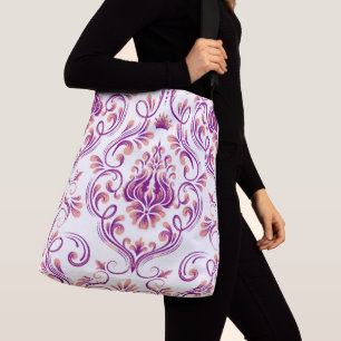 Peach and Purple Damask Floral Pattern Elegant Crossbody Bag