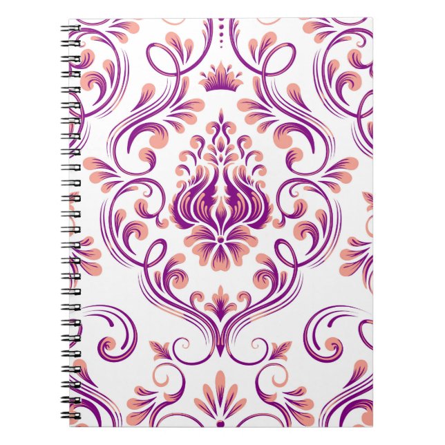 Peach and Purple Damask Floral Pattern Elegant Notebook (Front)