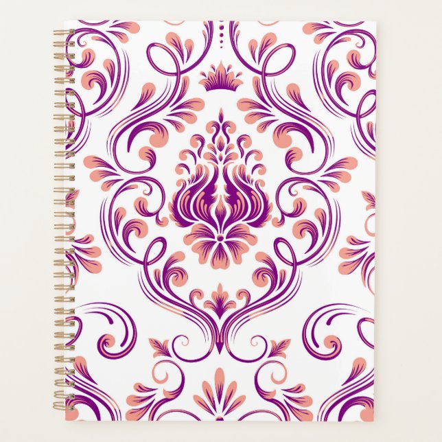 Peach and Purple Damask Floral Pattern Elegant Planner (Front)