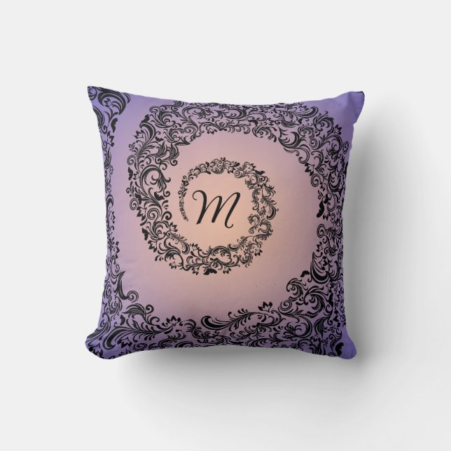 Peach and Purple Damask Monogram Cushion (Front)