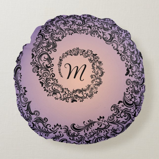 Peach and Purple Damask Monogram Round Cushion (Front)