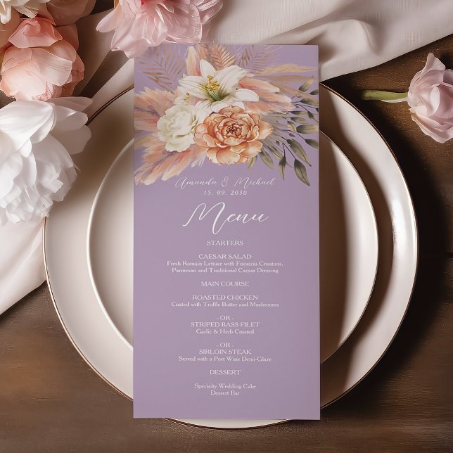 Peach and Purple Floral Wedding Menu Card (Creator Uploaded)