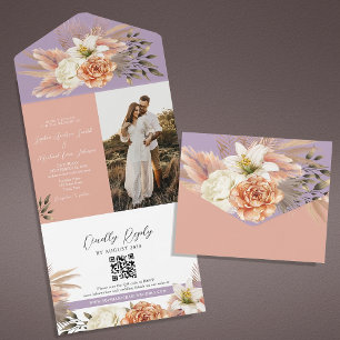Peach and Purple Floral Wedding QR Code All In One Invitation