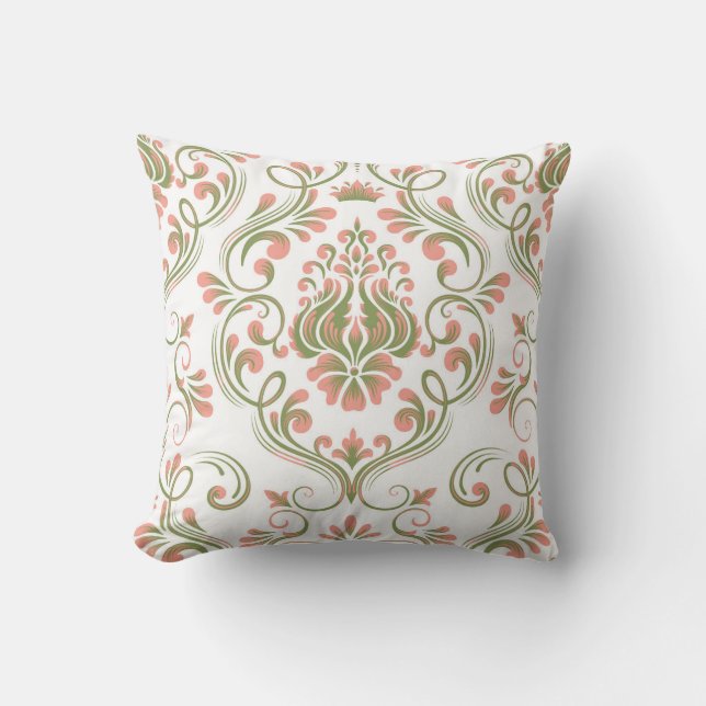 Peach and Sage Green Damask Floral Pattern Elegant Cushion (Front)