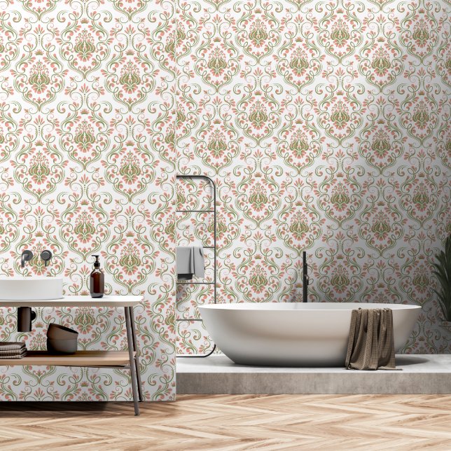Peach and Sage Green Damask Floral peel and stick Wallpaper (Bathroom)