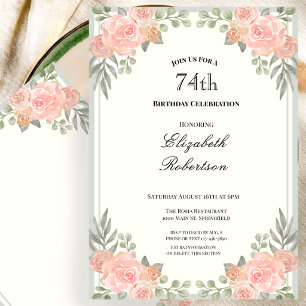 Peach and Sage Green Floral 74th Birthday Invitation