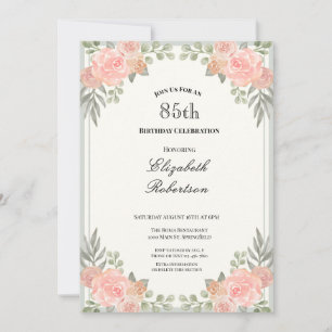 Peach and Sage Green Floral 85th Birthday Invitation