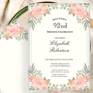 Peach and Sage Green Floral 92nd Birthday Invitation