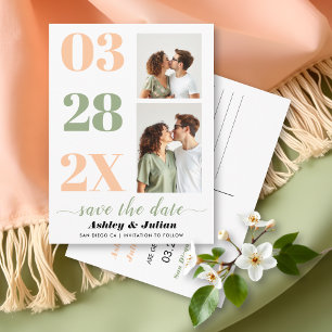 Peach and sage green two photo Save the Date Postcard