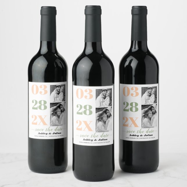 Peach and sage green two photo Save the Date Wine Label (Bottles)