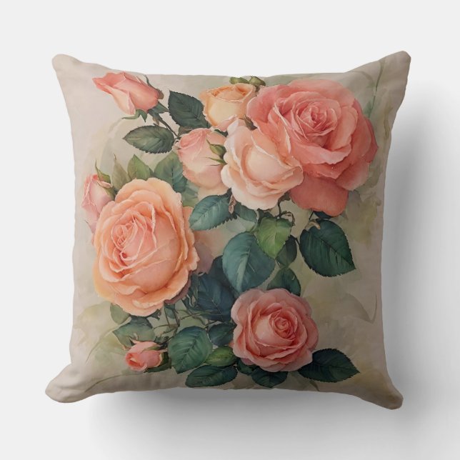 Peach and Salmon Pink floral Cushion (Front)