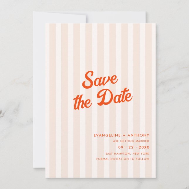 Peach and Tangerine Retro Striped Wedding  Save The Date (Front)