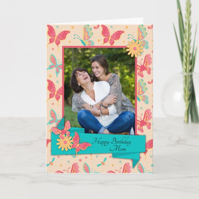 Peach and Teal Butterflies Birthday Card for Mum (Front)