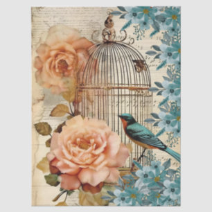 Peach and Teal Floral Bird Cage Decoupage  Tissue Paper
