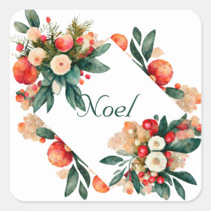 Peach and Teal Fruit and Flowers Christmas Square Sticker