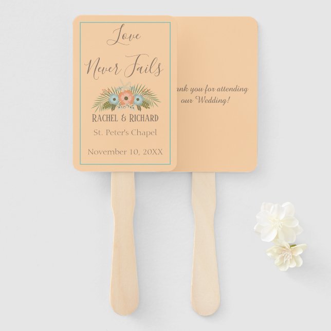 Peach and Teal Paradise Wedding Hand Fan (Front and Back)