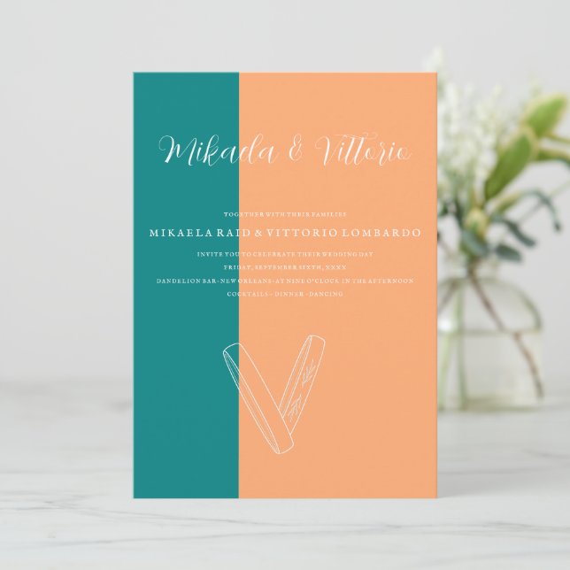 Peach and Teal  wedding Invitation (Standing Front)