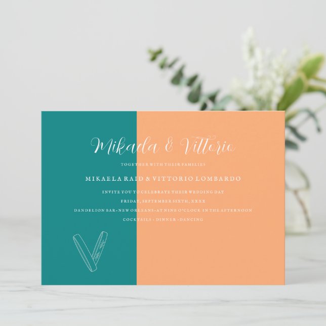 Peach and Teal  wedding Invitation (Standing Front)