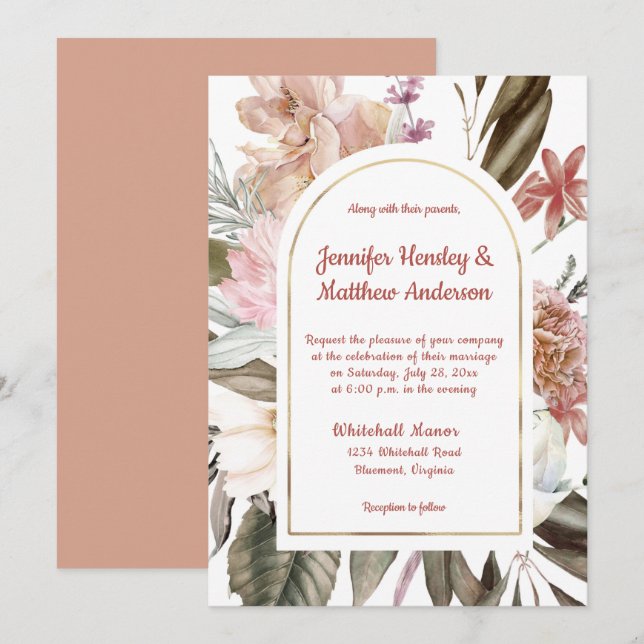 Peach and Terracotta Rustic Floral Wedding I Invitation (Front/Back)