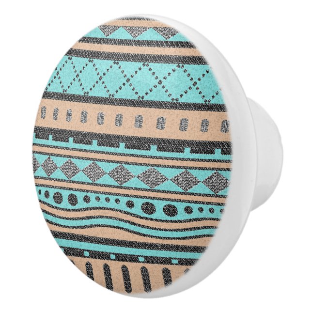 Peach And Turquoise Aztec Design Ceramic Knob (Right)