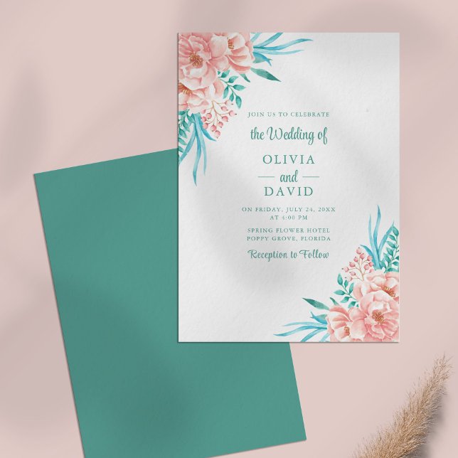 Peach and Turquoise Floral Summer Wedding Invitation (Peach and Turquoise Floral Summer Wedding Invitation on a pale pink table.)