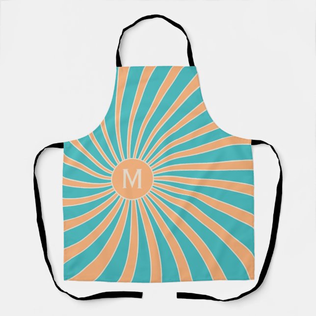 Peach and turquoise retro style sunburst design apron (Front)