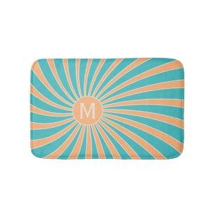 Peach and turquoise retro style sunburst design bath mat