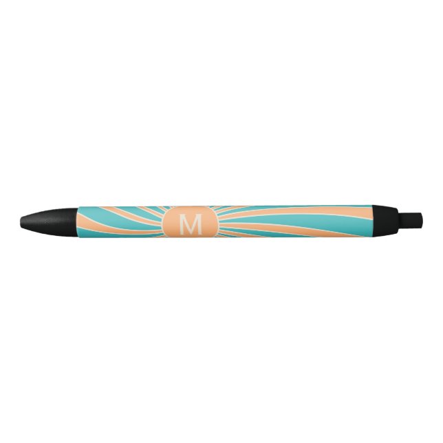 Peach and turquoise retro style sunburst design black ink pen (Front)