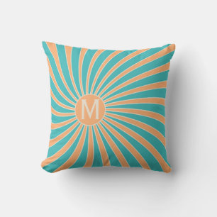 Peach and turquoise retro style sunburst design cushion