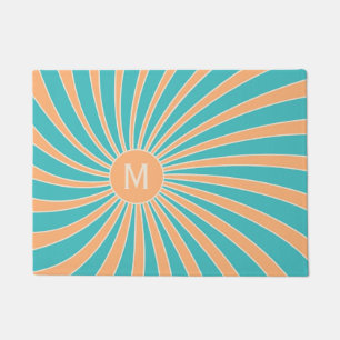 Peach and turquoise retro style sunburst design doormat