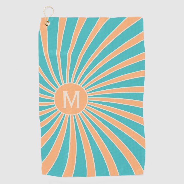 Peach and turquoise retro style sunburst design golf towel (Front)